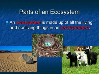 Parts of an EcosystemParts of an Ecosystem
 AnAn ecosystemecosystem is made up of all the livingis made up of all the living
and nonliving things in anand nonliving things in an environmentenvironment..
 
