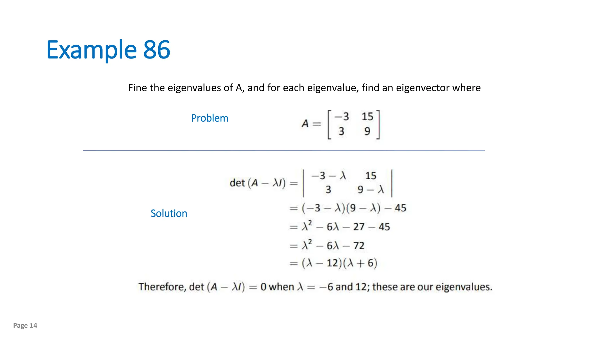 Example 86
Page 14
Fine the eigenvalues of A, and for each eigenvalue, find an eigenvector where
Solution
Problem
 
