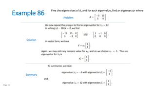 Example 86
Page 16
Fine the eigenvalues of A, and for each eigenvalue, find an eigenvector where
Solution
Problem
Summary
 