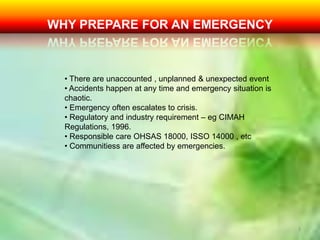  Emergency – an unforeseen combination of circumstances @ the resulting state that calls for immediate action.