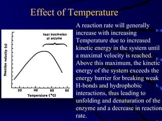 Effect of Temperature
          A reaction rate will generally
          increase with increasing
          Temperature due to increased
          kinetic energy in the system until
          a maximal velocity is reached.
          Above this maximum, the kinetic
          energy of the system exceeds the
          energy barrier for breaking weak
          H-bonds and hydrophobic
          interactions, thus leading to
          unfolding and denaturation of the
          enzyme and a decrease in reaction
          rate.
 