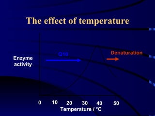 The effect of temperature


                    Q10                Denaturation
Enzyme
activity




           0   10     20   30     40   50
                    Temperature / °C
 