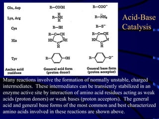 Acid-Base
                                                       Catalysis




Many reactions involve the formation of normally unstable, charged
intermediates. These intermediates can be transiently stabilized in an
enzyme active site by interaction of amino acid residues acting as weak
acids (proton donors) or weak bases (proton acceptors). The general
acid and general base forms of the most common and best characterized
amino acids involved in these reactions are shown above.
 
