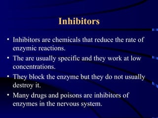 Inhibitors
• Inhibitors are chemicals that reduce the rate of
  enzymic reactions.
• The are usually specific and they work at low
  concentrations.
• They block the enzyme but they do not usually
  destroy it.
• Many drugs and poisons are inhibitors of
  enzymes in the nervous system.
 