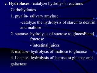 c. Hydrolases - catalyze hydrolysis reactions
    Carbohydrates
    1. ptyalin- salivary amylase
          -catalyze the hydrolysis of starch to dextrin
          and maltose
    2. sucrase- hydrolysis of sucrose to glucosE and
                fructose
                - intestinal juices
    3. maltase- hydrolysis of maltose to glucose
    4. Lactase- hydrolysis of lactose to glucose and
    galactose
 
