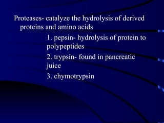Proteases- catalyze the hydrolysis of derived
  proteins and amino acids
           1. pepsin- hydrolysis of protein to
           polypeptides
           2. trypsin- found in pancreatic
           juice
           3. chymotrypsin
 