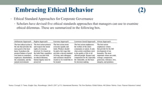 Embracing Ethical Behavior (2)
• Ethical Standard Approaches for Corporate Governance
• Scholars have devised five ethical standards approaches that managers can use to examine
ethical dilemmas. These are summarized in the following box.
Source: Cavusgil, S. Tamer, Knight, Gary, Riesenberger, John R. (2017, p131). International Business: The New Realities, Global Edition, 4th Edition. Harlow, Essex: Pearson Education Limited
 