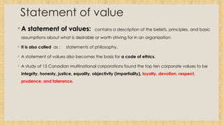 Statement of value
◦ A statement of values: contains a description of the beliefs, principles, and basic
assumptions about what is desirable or worth striving for in an organization.
◦ It is also called as : statements of philosophy.
◦ A statement of values also becomes the basis for a code of ethics.
◦ A study of 15 Canadian multinational corporations found the top ten corporate values to be
integrity, honesty, justice, equality, objectivity (impartiality), loyalty, devotion, respect,
prudence, and tolerance.
 