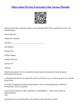 Observation Of Gene Expression Using Various Plasmids
Observation of gene expression using various plasmids (pUC18/lux), and their role in E. coli
transformation
Nawaz Rahman
Panther ID: 5029032
Signature:____________________________________
Lab Partners:
Manuel Vera
Giselle Janoura
Jeniffer Marranca
Section U17
Abstract
Small circular pieces of DNA molecules located inside the nucleoid in bacterial species
(prokaryotes) are known
as Plasmids.Plasmids do not dictate the survival of the host bacteria, but it can give rise to certain
genes being
activated, if required, providing certain benefits. Survival and reproduction in different
environments can be considered
as one of these benefits. In this experiment we add different ... Show more content on
Helpwriting.net ...
Coli
forming into its own small colonies. No growth is also a possible outcome.
 
