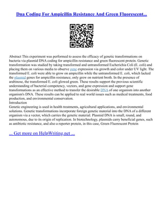 Dna Coding For Ampicillin Resistance And Green Fluorescent...
Abstract This experiment was performed to assess the efficacy of genetic transformations on
bacteria via plasmid DNA coding for ampicillin resistance and green fluorescent protein. Genetic
transformation was studied by taking transformed and untransformed Escherichia Coli (E. coli) and
placing them on various media to observe gene expression via growth and color under UV light. The
transformed E. coli were able to grow on ampicillin while the untransformed E. coli, which lacked
the plasmid genes for ampicillin resistance, only grew on nutrient broth. In the presence of
arabinose, the transformed E. coli glowed green. These results support the previous scientific
understanding of bacterial competency, vectors, and gene expression and support gene
transformations as an effective method to transfer the desirable DNA of one organism into another
organism's DNA. These results can be applied to real world issues such as medical treatments, food
production, and environmental conservation.
Introduction
Genetic engineering is used in health treatments, agricultural applications, and environmental
solutions. Genetic transformations incorporate foreign genetic material into the DNA of a different
organism via a vector, which carries the genetic material. Plasmid DNA is small, round, and
autonomous, due to its origin of replication. In biotechnology, plasmids carry beneficial genes, such
as antibiotic resistance, and also a reporter protein, in this case, Green Fluorescent Protein
... Get more on HelpWriting.net ...
 