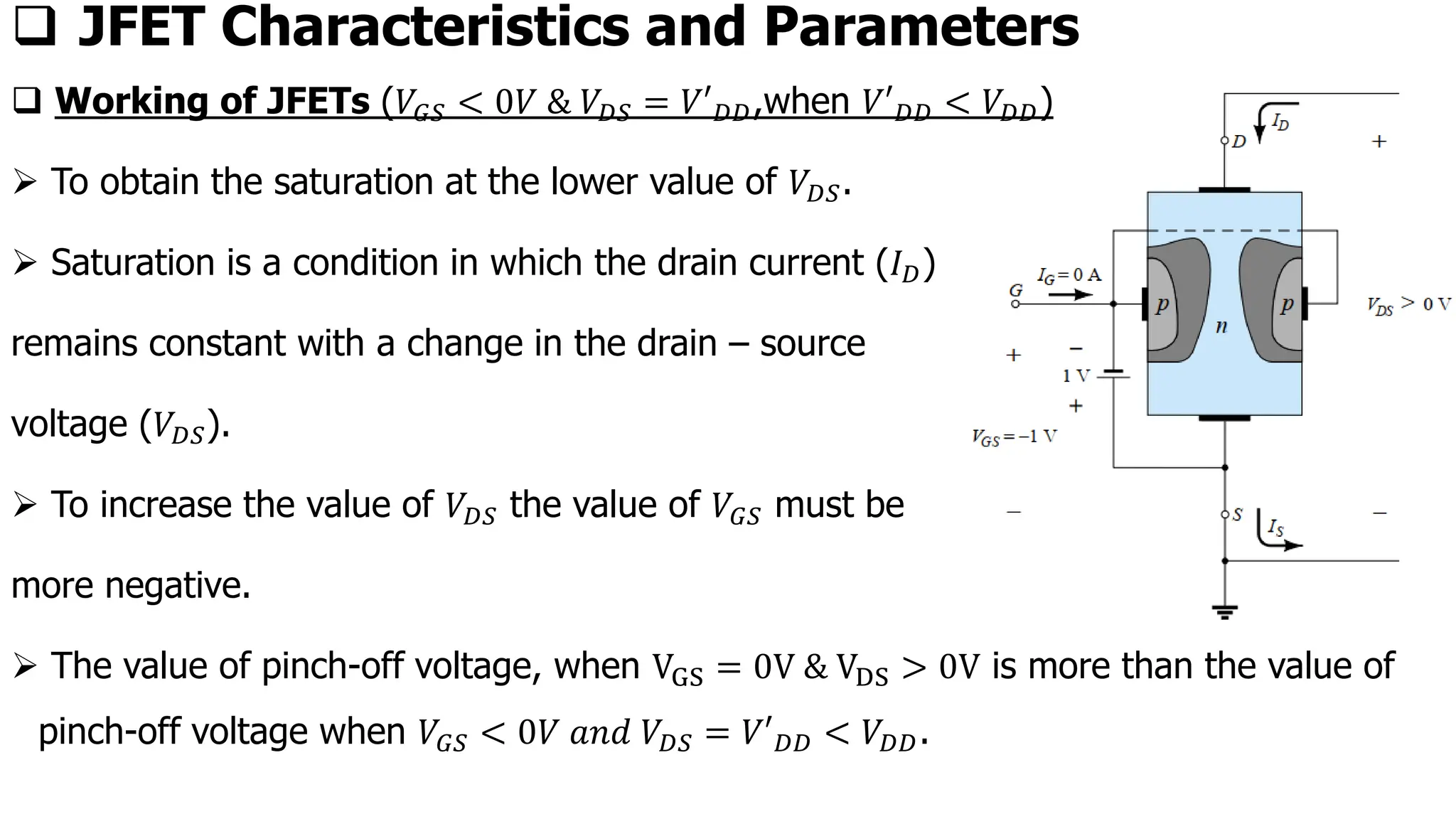 ❑ JFET Characteristics and Parameters
❑ Working of JFETs (𝑉𝐺𝑆 < 0𝑉 & 𝑉𝐷𝑆 = 𝑉′𝐷𝐷,when 𝑉′𝐷𝐷 < 𝑉𝐷𝐷)
➢ To obtain the saturation at the lower value of 𝑉𝐷𝑆.
➢ Saturation is a condition in which the drain current (𝐼𝐷)
remains constant with a change in the drain – source
voltage (𝑉𝐷𝑆).
➢ To increase the value of 𝑉𝐷𝑆 the value of 𝑉𝐺𝑆 must be
more negative.
➢ The value of pinch-off voltage, when VGS = 0V & VDS > 0V is more than the value of
pinch-off voltage when 𝑉𝐺𝑆 < 0𝑉 𝑎𝑛𝑑 𝑉𝐷𝑆 = 𝑉′𝐷𝐷 < 𝑉𝐷𝐷.
 