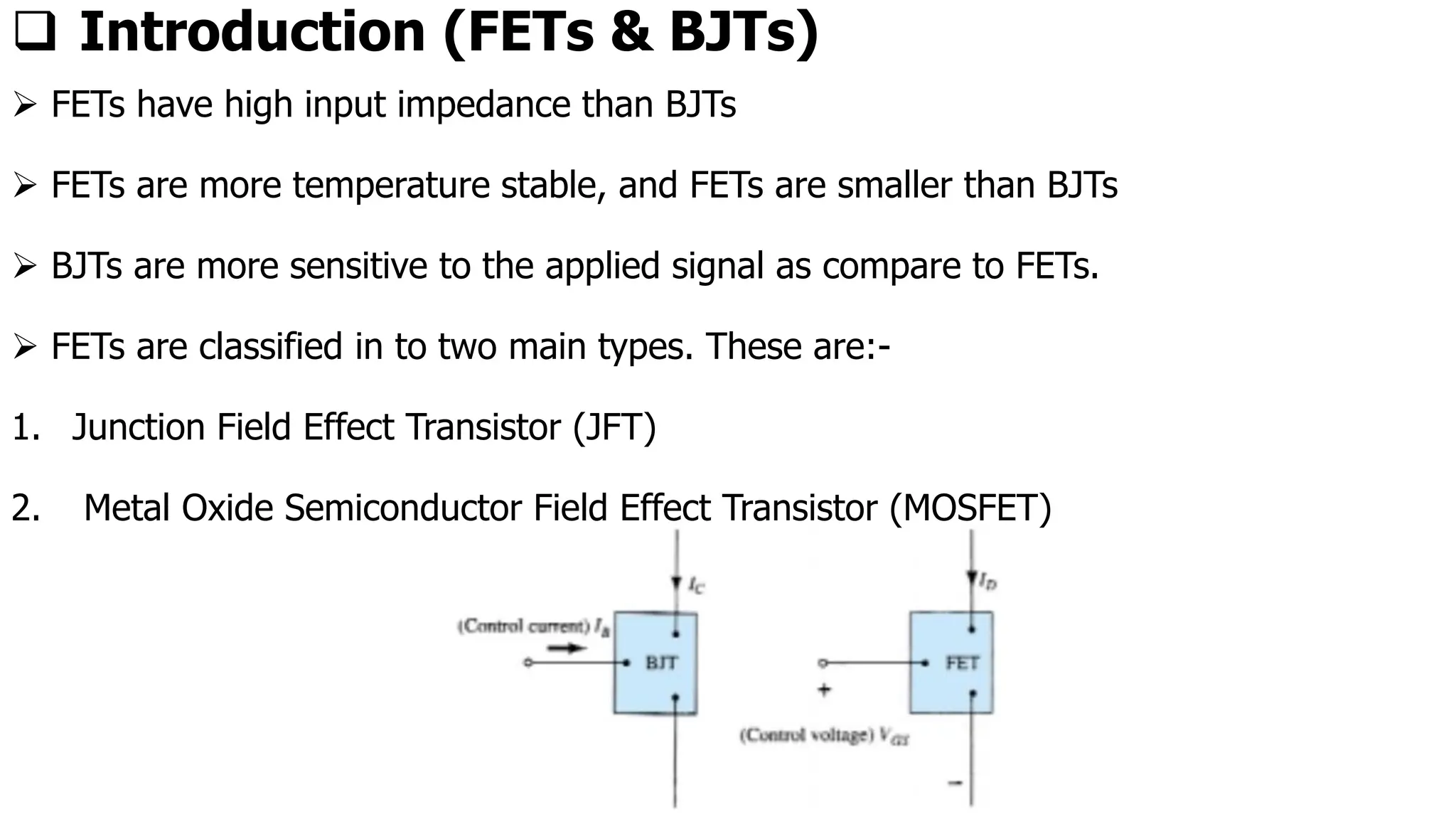 ❑ Introduction (FETs & BJTs)
➢ FETs have high input impedance than BJTs
➢ FETs are more temperature stable, and FETs are smaller than BJTs
➢ BJTs are more sensitive to the applied signal as compare to FETs.
➢ FETs are classified in to two main types. These are:-
1. Junction Field Effect Transistor (JFT)
2. Metal Oxide Semiconductor Field Effect Transistor (MOSFET)
 