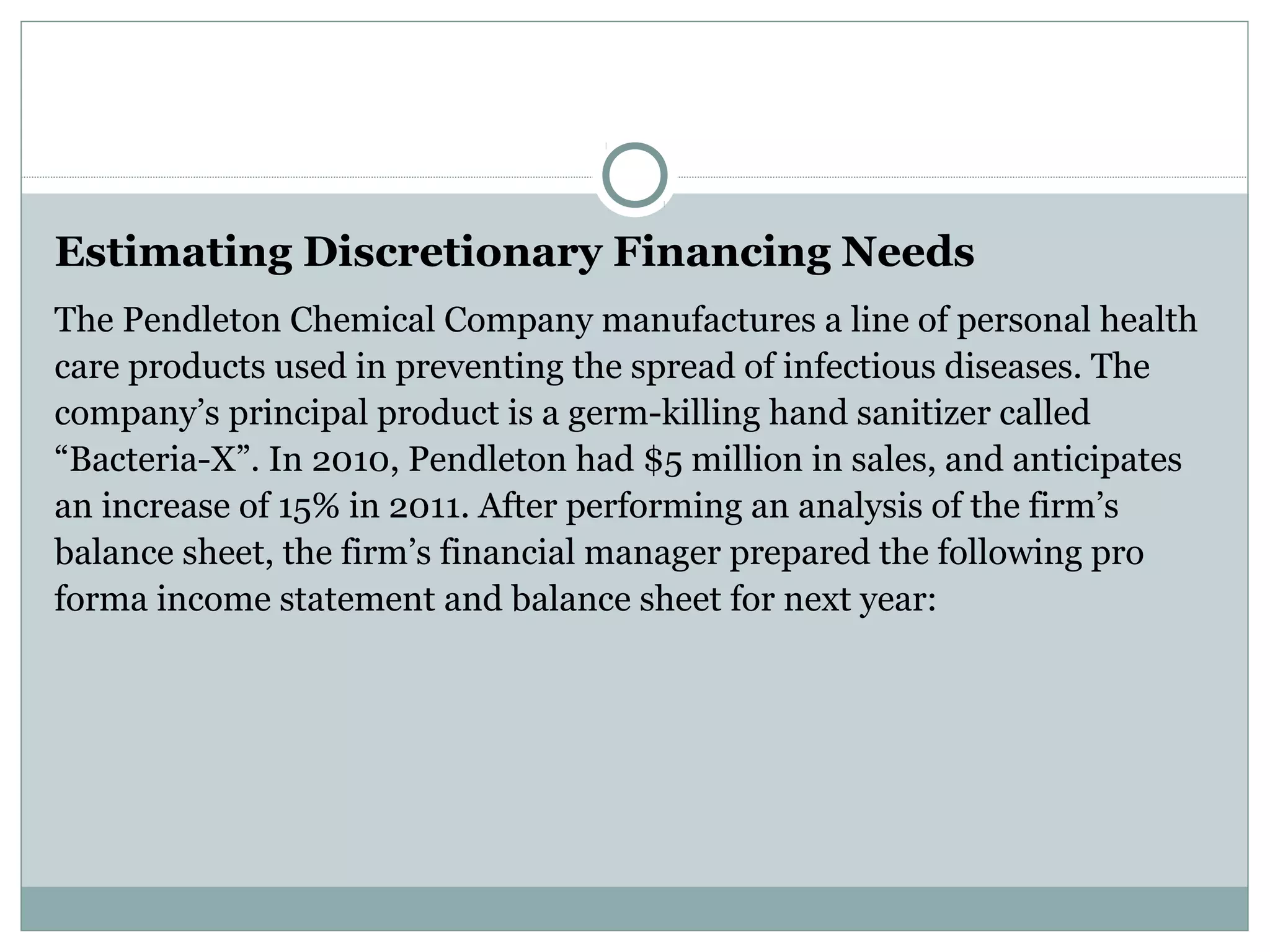 Estimating Discretionary Financing Needs
The Pendleton Chemical Company manufactures a line of personal health
care products used in preventing the spread of infectious diseases. The
company’s principal product is a germ-killing hand sanitizer called
“Bacteria-X”. In 2010, Pendleton had $5 million in sales, and anticipates
an increase of 15% in 2011. After performing an analysis of the firm’s
balance sheet, the firm’s financial manager prepared the following pro
forma income statement and balance sheet for next year:
 