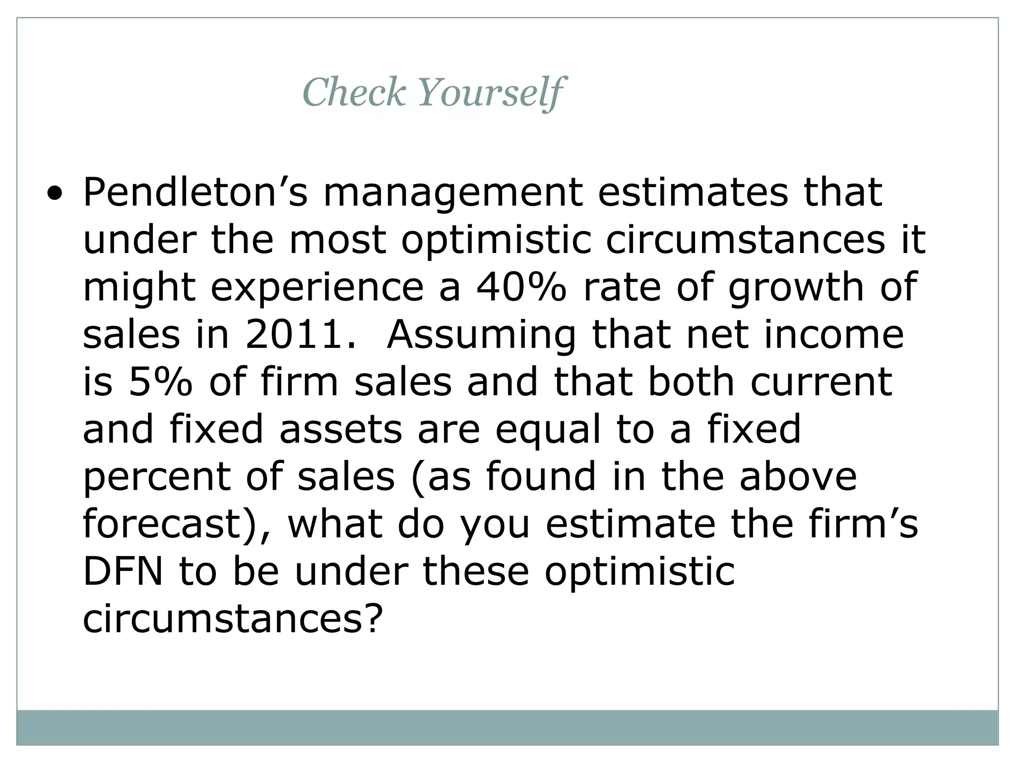 Check Yourself

• Pendleton’s management estimates that
  under the most optimistic circumstances it
  might experience a 40% rate of growth of
  sales in 2011. Assuming that net income
  is 5% of firm sales and that both current
  and fixed assets are equal to a fixed
  percent of sales (as found in the above
  forecast), what do you estimate the firm’s
  DFN to be under these optimistic
  circumstances?
 