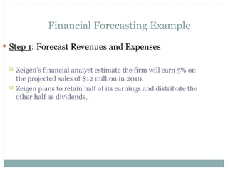 Financial Forecasting Example
 Step 1: Forecast Revenues and Expenses
 Zeigen’s financial analyst estimate the firm will earn 5% on
the projected sales of $12 million in 2010.
 Zeigen plans to retain half of its earnings and distribute the
other half as dividends.
 