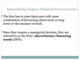Summarizing Ziegen’s Financial Forecast (cont.)
 The firm has to raise $500,000 with some
combination of borrowing (short-term or long-
term) or the issuance of stock.
 Since they require a managerial decision, they are
referred to as the firm’s discretionary financing
needs (DFN).
 