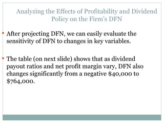 Analyzing the Effects of Profitability and Dividend
Policy on the Firm’s DFN
 After projecting DFN, we can easily evaluate the
sensitivity of DFN to changes in key variables.
 The table (on next slide) shows that as dividend
payout ratios and net profit margin vary, DFN also
changes significantly from a negative $40,000 to
$764,000.
 