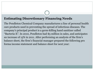 Estimating Discretionary Financing Needs
The Pendleton Chemical Company manufactures a line of personal health
care products used in preventing the spread of infectious diseases. The
company’s principal product is a germ-killing hand sanitizer called
“Bacteria-X”. In 2010, Pendleton had $5 million in sales, and anticipates
an increase of 15% in 2011. After performing an analysis of the firm’s
balance sheet, the firm’s financial manager prepared the following pro
forma income statement and balance sheet for next year:
 