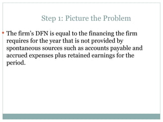 Step 1: Picture the Problem
 The firm’s DFN is equal to the financing the firm
requires for the year that is not provided by
spontaneous sources such as accounts payable and
accrued expenses plus retained earnings for the
period.
 