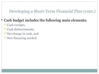 Developing a Short-Term Financial Plan (cont.)
 Cash budget includes the following main elements:
 Cash receipts,
 Cash disbursements,
 Net change in cash, and
 New financing needed.
 