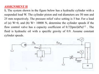 ASSIGNMENT II
1. The system shown in the figure below has a hydraulic cylinder with a
suspended load W. The cylinder piston and rod diameters are 50 mm and
25 mm respectively. The pressure relief valve setting is 5 bar. For a load
of (a) W=0, and (b) W= 10000 N, determine the cylinder speeds if the
flow control valve has a capacity coefficient of 0.72lpm/(kPa)1/2 . The
fluid is hydraulic oil with a specific gravity of 0.9. Assume constant
cylinder speeds.
 