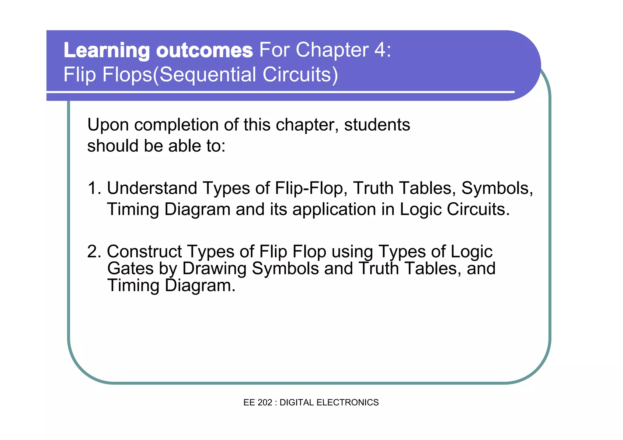 Learning outcomes For Chapter 4:
Flip Flops(Sequential Circuits)
Upon completion of this chapter, students
should be able to:
1. Understand Types of Flip-Flop, Truth Tables, Symbols,
Timing Diagram and its application in Logic Circuits.
2. Construct Types of Flip Flop using Types of Logic
Gates by Drawing Symbols and Truth Tables, and
Timing Diagram.

EE 202 : DIGITAL ELECTRONICS

 