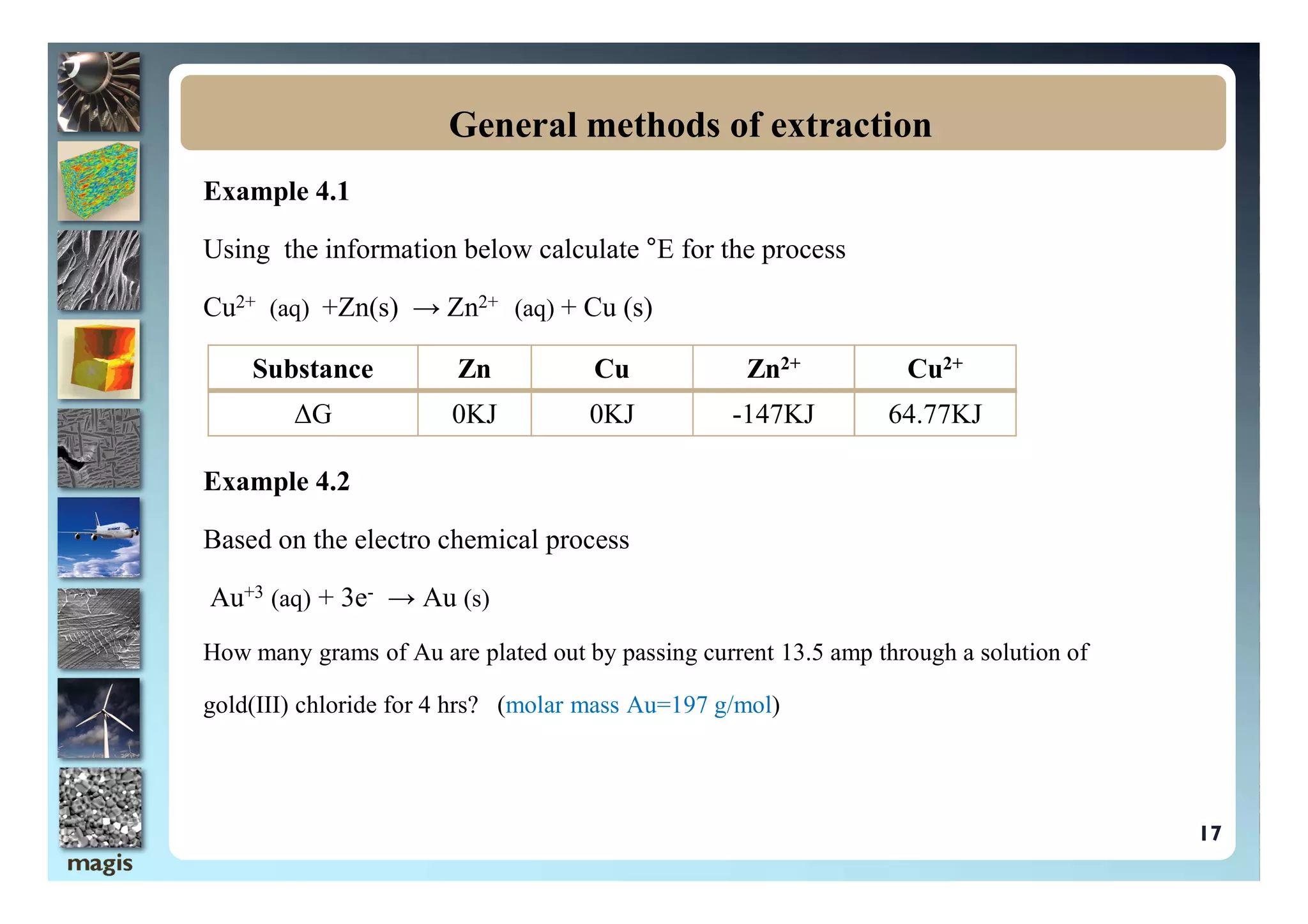 Example 4.1
Using the information below calculate °E for the process
Cu2+ (aq) +Zn(s) → Zn2+ (aq) + Cu (s)
General methods of extraction
Substance Zn Cu Zn2+ Cu2+
ΔG 0KJ 0KJ -147KJ 64.77KJ
Example 4.2
Based on the electro chemical process
Au+3 (aq) + 3e- → Au (s)
How many grams of Au are plated out by passing current 13.5 amp through a solution of
gold(III) chloride for 4 hrs? (molar mass Au=197 g/mol)
17
 
