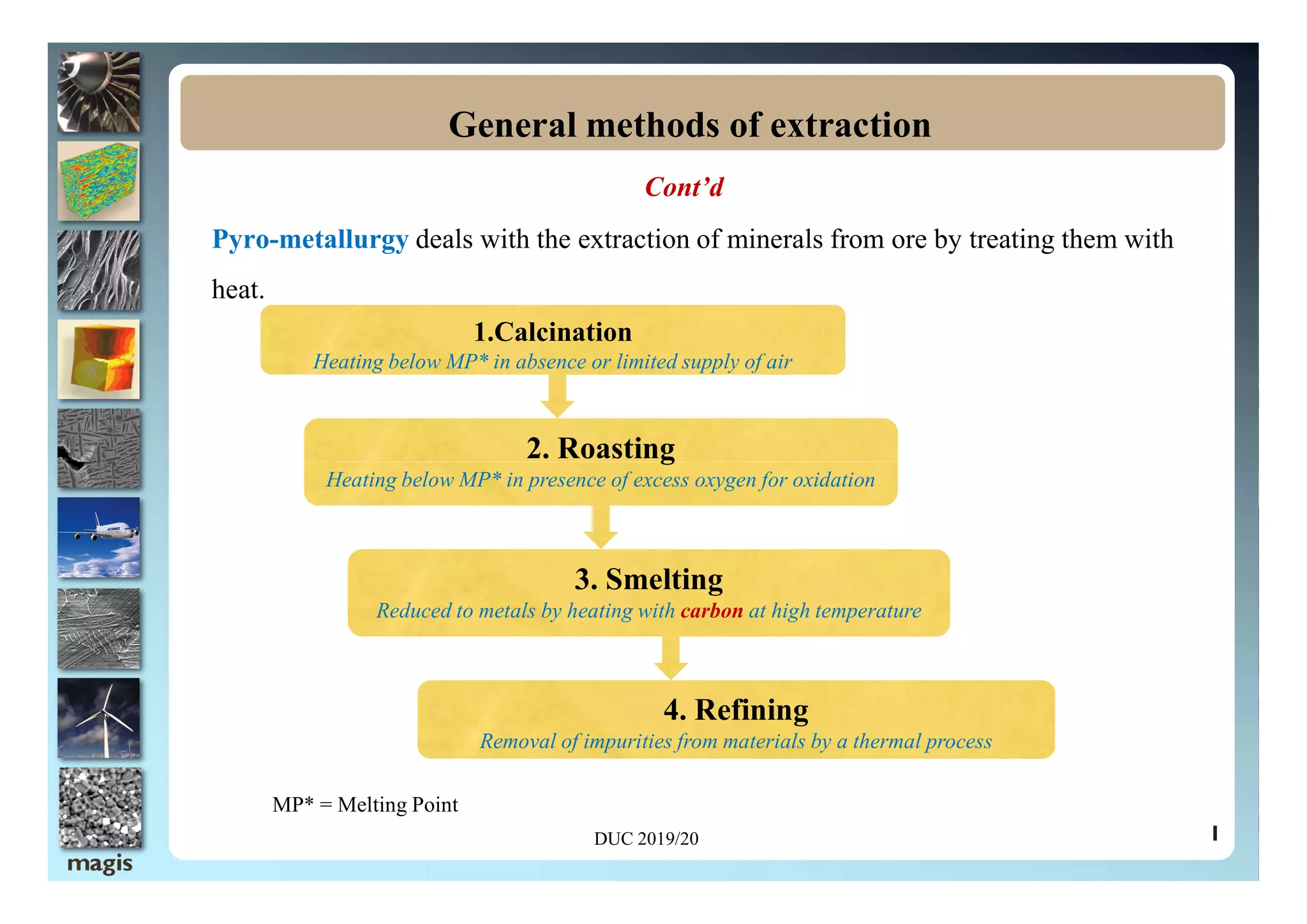 Cont’d
Pyro-metallurgy deals with the extraction of minerals from ore by treating them with
heat.
General methods of extraction
1.Calcination
Heating below MP* in absence or limited supply of air
2. Roasting
1
DUC 2019/20
2. Roasting
Heating below MP* in presence of excess oxygen for oxidation
3. Smelting
Reduced to metals by heating with carbon at high temperature
4. Refining
Removal of impurities from materials by a thermal process
MP* = Melting Point
 