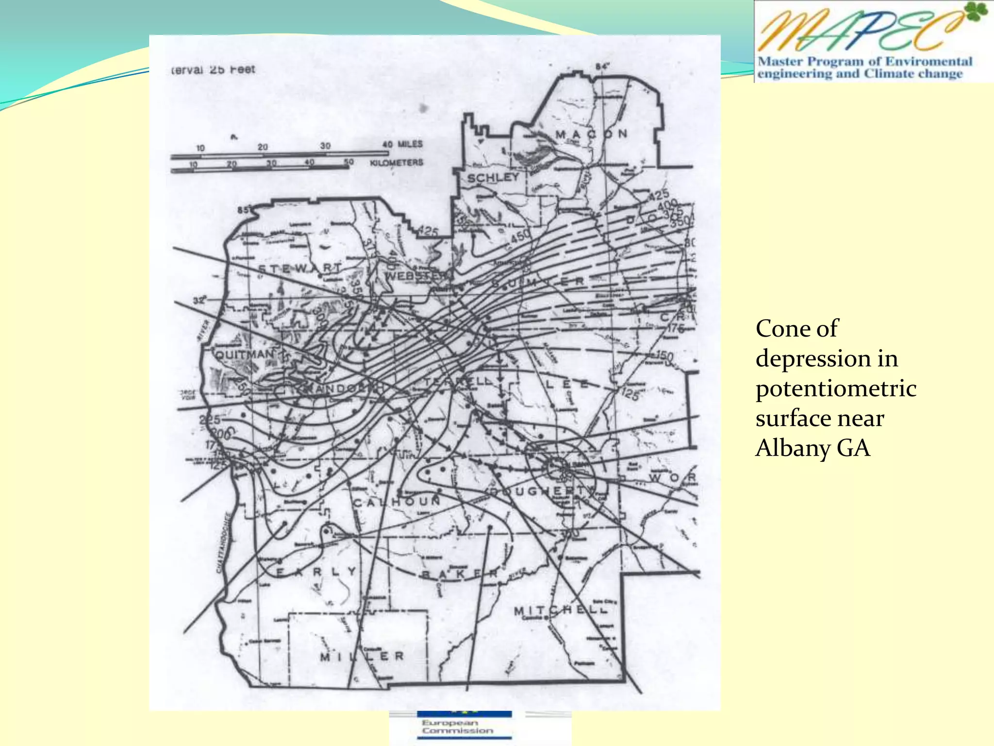 Cone of
depression in
potentiometric
surface near
Albany GA
 