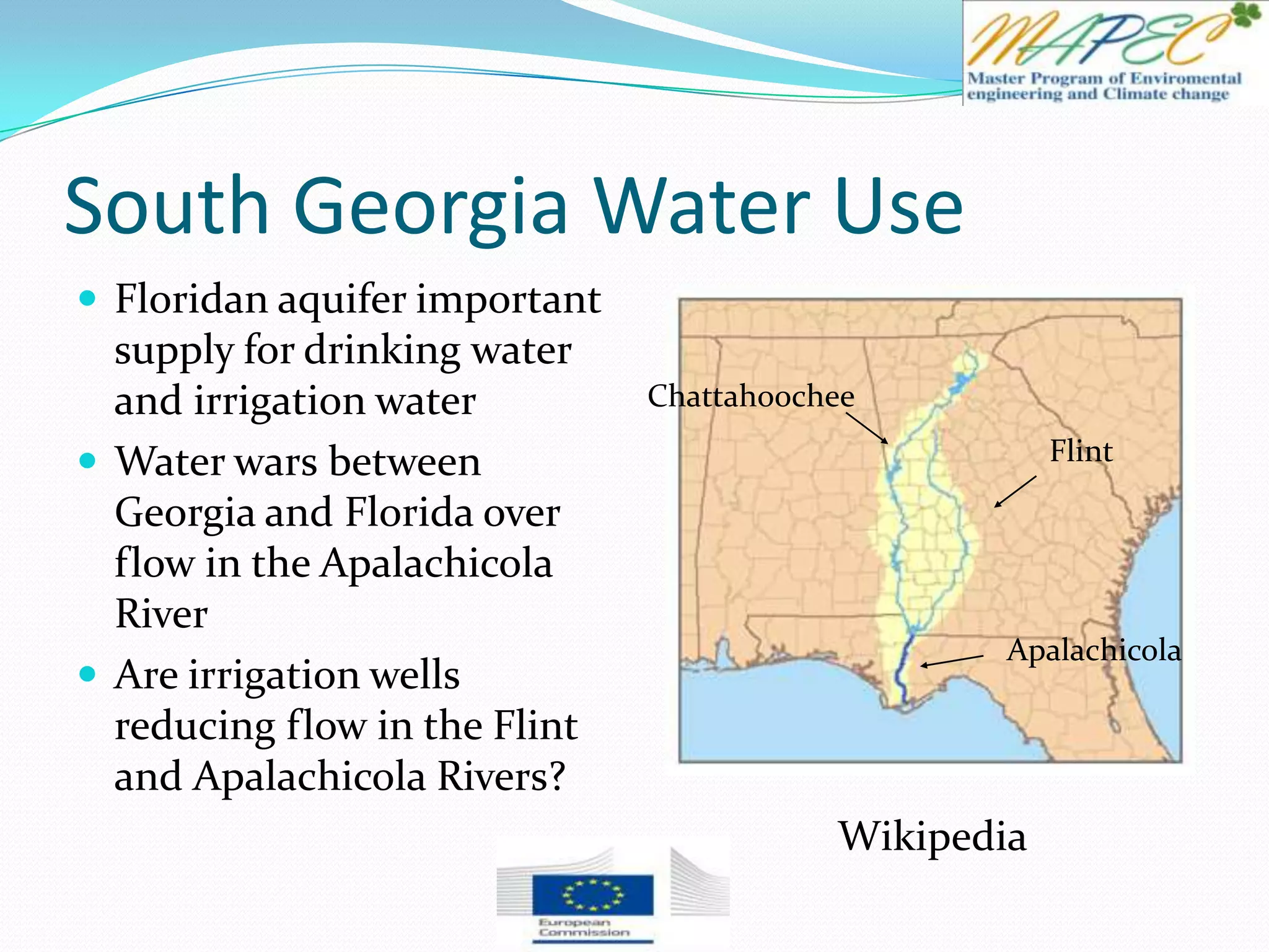 South Georgia Water Use
 Floridan aquifer important
supply for drinking water
and irrigation water
 Water wars between
Georgia and Florida over
flow in the Apalachicola
River
 Are irrigation wells
reducing flow in the Flint
and Apalachicola Rivers?
Wikipedia
Flint
Chattahoochee
Apalachicola
 