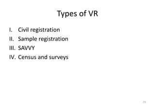 Types of VR
I. Civil registration
II. Sample registration
III. SAVVY
IV. Census and surveys
29
 