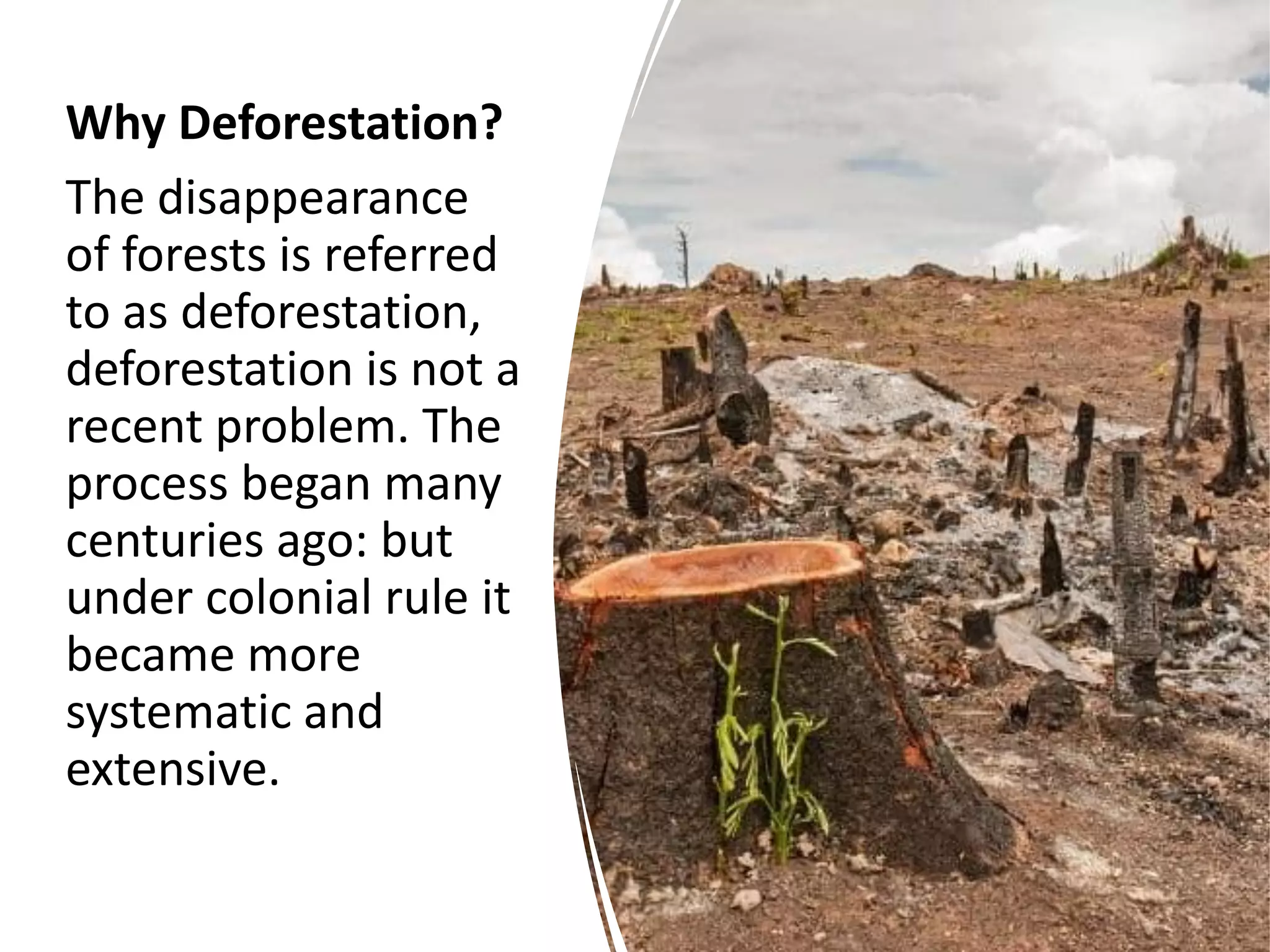 Why Deforestation?
The disappearance
of forests is referred
to as deforestation,
deforestation is not a
recent problem. The
process began many
centuries ago: but
under colonial rule it
became more
systematic and
extensive.
 