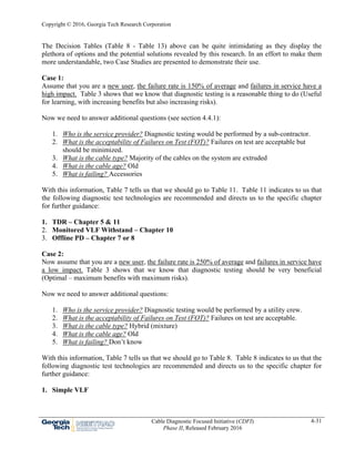 Copyright © 2016, Georgia Tech Research Corporation
Cable Diagnostic Focused Initiative (CDFI)
Phase II, Released February 2016
4-31
The Decision Tables (Table 8 - Table 13) above can be quite intimidating as they display the
plethora of options and the potential solutions revealed by this research. In an effort to make them
more understandable, two Case Studies are presented to demonstrate their use.
Case 1:
Assume that you are a new user, the failure rate is 150% of average and failures in service have a
high impact. Table 3 shows that we know that diagnostic testing is a reasonable thing to do (Useful
for learning, with increasing benefits but also increasing risks).
Now we need to answer additional questions (see section 4.4.1):
1. Who is the service provider? Diagnostic testing would be performed by a sub-contractor.
2. What is the acceptability of Failures on Test (FOT)? Failures on test are acceptable but
should be minimized.
3. What is the cable type? Majority of the cables on the system are extruded
4. What is the cable age? Old
5. What is failing? Accessories
With this information, Table 7 tells us that we should go to Table 11. Table 11 indicates to us that
the following diagnostic test technologies are recommended and directs us to the specific chapter
for further guidance:
1. TDR – Chapter 5 & 11
2. Monitored VLF Withstand – Chapter 10
3. Offline PD – Chapter 7 or 8
Case 2:
Now assume that you are a new user, the failure rate is 250% of average and failures in service have
a low impact. Table 3 shows that we know that diagnostic testing should be very beneficial
(Optimal – maximum benefits with maximum risks).
Now we need to answer additional questions:
1. Who is the service provider? Diagnostic testing would be performed by a utility crew.
2. What is the acceptability of Failures on Test (FOT)? Failures on test are acceptable.
3. What is the cable type? Hybrid (mixture)
4. What is the cable age? Old
5. What is failing? Don’t know
With this information, Table 7 tells us that we should go to Table 8. Table 8 indicates to us that the
following diagnostic test technologies are recommended and directs us to the specific chapter for
further guidance:
1. Simple VLF
 