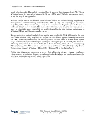 Copyright © 2016, Georgia Tech Research Corporation
Cable Diagnostic Focused Initiative (CDFI)
Phase II, Released February 2016
4-6
single value is needed. The analysis completed thus far suggests that, for example, the VLF Simple
Withstand usage lies somewhere between 10.8% and 18.7%, with 15% being a reasonable number
to use if a range is not appropriate.
Multiple voltage sources are available for use by those utilities that currently deploy diagnostics on
their systems. These include using resonant ac (10 – 300 Hz), Very Low Frequency (VLF), damped
ac (DAC), and dc. These sources may be used in one of two modes: diagnostic (Tan δ, PD, etc.) or
withstand (Simple and Monitored). This analysis takes the same quasi-Bayesian approach described
above to estimate the usage ranges. It is not possible to establish the most common testing mode as
Withstand (HiPot) and Diagnostic modes overlap.
The preceding information described the survey that was completed in 2014. Additionally, the basic
information from the entity only analysis completed in 2006 can be applied to develop an estimate
for 2006. This has been done using the same approaches outlined above to provide a side by side
usage evolution of diagnostic techniques (see Figure 2 through Figure 5). In the figures below the
following terms are used: TD = Tan Delta, PD = Partial Discharge, VLF = Very Low Frequency
AC waveforms, AC = AC waveforms with frequencies in the range 10 to 300 Hz (usually derived
from resonant systems), Withstand = Hipot, DAC = Damped AC or Oscillating Wave.
At first sight this analysis may appear to be only from a historical interest. However, the changes
reflect changes in equipment, improvements in application knowledge and standards activities that
have been ongoing during the intervening eight years.
 