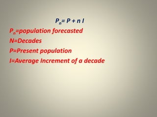 Pn= P + n I
Pn=population forecasted
N=Decades
P=Present population
I=Average Increment of a decade
 