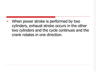 • When power stroke is performed by two
cylinders, exhaust stroke occurs in the other
two cylinders and the cycle continues and the
crank rotates in one direction.
 