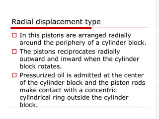 Radial displacement type
 In this pistons are arranged radially
around the periphery of a cylinder block.
 The pistons reciprocates radially
outward and inward when the cylinder
block rotates.
 Pressurized oil is admitted at the center
of the cylinder block and the piston rods
make contact with a concentric
cylindrical ring outside the cylinder
block.
 