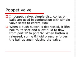 Poppet valve
 In poppet valve, simple disc, cones or
balls are used in conjunction with simple
valve seats to control flow.
 When a push button is depressed, it lifts
ball to its seat and allow fluid to flow
from port ‘P’ to port ‘A’. When button is
released, spring & fluid pressure forces
the ball up again closing the valve.
 