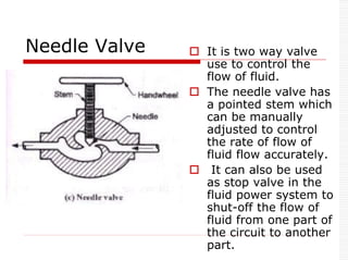 Needle Valve  It is two way valve
use to control the
flow of fluid.
 The needle valve has
a pointed stem which
can be manually
adjusted to control
the rate of flow of
fluid flow accurately.
 It can also be used
as stop valve in the
fluid power system to
shut-off the flow of
fluid from one part of
the circuit to another
part.
 
