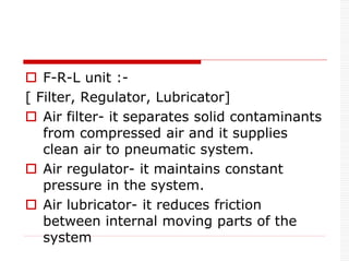  F-R-L unit :-
[ Filter, Regulator, Lubricator]
 Air filter- it separates solid contaminants
from compressed air and it supplies
clean air to pneumatic system.
 Air regulator- it maintains constant
pressure in the system.
 Air lubricator- it reduces friction
between internal moving parts of the
system
 