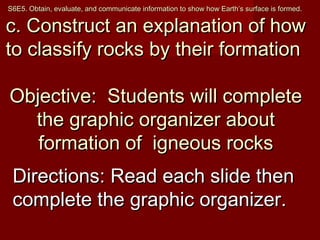 S6E5. Obtain, evaluate, and communicate information to show how Earth’s surface is formed.S6E5. Obtain, evaluate, and communicate information to show how Earth’s surface is formed.
c. Construct an explanation of howc. Construct an explanation of how
to classify rocks by their formationto classify rocks by their formation
Objective: Students will completeObjective: Students will complete
the graphic organizer aboutthe graphic organizer about
formation of igneous rocksformation of igneous rocks
Directions: Read each slide thenDirections: Read each slide then
complete the graphic organizer.complete the graphic organizer.
 