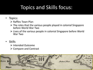 Topics and Skills focus:
• Topics:
 Raffles Town Plan
 The roles that the various people played in colonial Singapore
before World War Two
 Lives of the various people in colonial Singapore before World
War Two
• Skills
 Intended Outcome
 Compare and Contrast
 