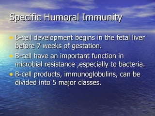 Specific Humoral Immunity B-cell development begins in the fetal liver before 7 weeks of gestation. B-cell have an important function in microbial resistance ,especially to bacteria. B-cell products, immunoglobulins, can be divided into 5 major classes. 