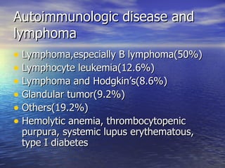 Autoimmunologic disease and lymphoma Lymphoma,especially B lymphoma(50%) Lymphocyte leukemia(12.6%) Lymphoma and Hodgkin’s(8.6%) Glandular tumor(9.2%) Others(19.2%) Hemolytic anemia, thrombocytopenic purpura, systemic lupus erythematous, type I diabetes 