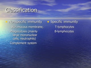 Classification Nonspecific immunity Skin,mucous membrane, Phagocytosis (mainly large mononuclear cells, neutrophils) Complement system Specific immunity T-lymphocytes B-lymphocytes 