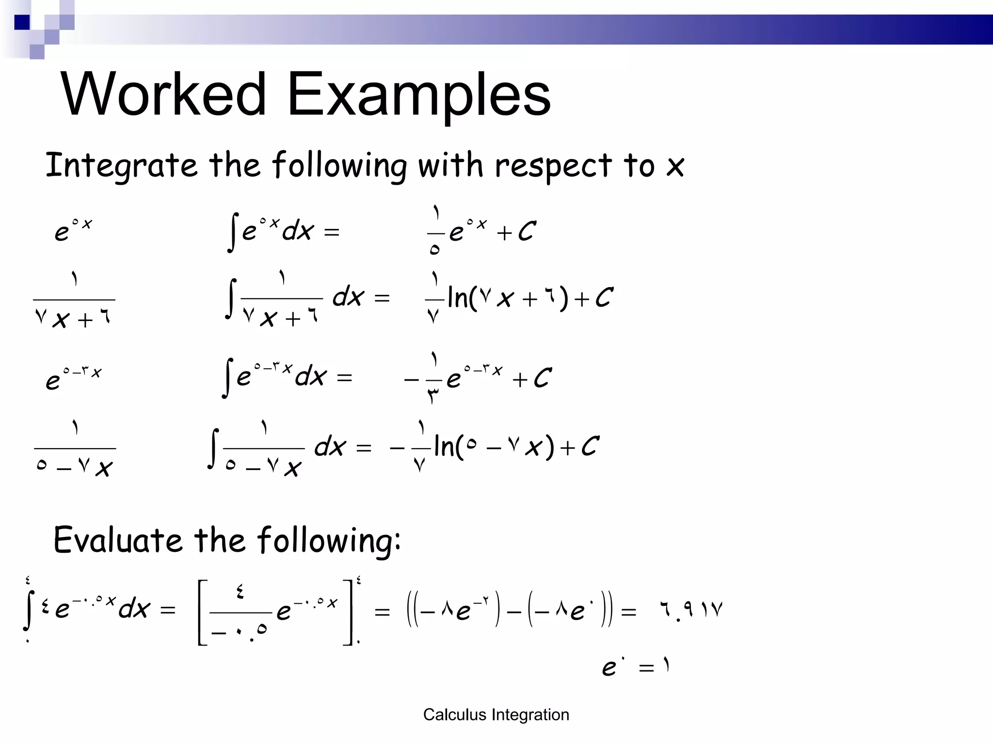 Worked Examples Integrate the following with respect to x Evaluate the following: Calculus Integration 