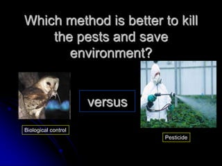 versus
Biological control
Pesticide
Which method is better to kill
the pests and save
environment?
 