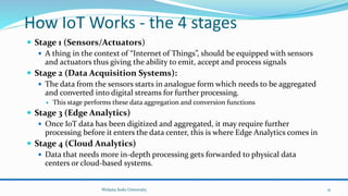 How IoT Works - the 4 stages
 Stage 1 (Sensors/Actuators)
 A thing in the context of “Internet of Things”, should be equipped with sensors
and actuators thus giving the ability to emit, accept and process signals
 Stage 2 (Data Acquisition Systems):
 The data from the sensors starts in analogue form which needs to be aggregated
and converted into digital streams for further processing.
 This stage performs these data aggregation and conversion functions
 Stage 3 (Edge Analytics)
 Once IoT data has been digitized and aggregated, it may require further
processing before it enters the data center, this is where Edge Analytics comes in
 Stage 4 (Cloud Analytics)
 Data that needs more in-depth processing gets forwarded to physical data
centers or cloud-based systems.
Wolaita Sodo University 21
 