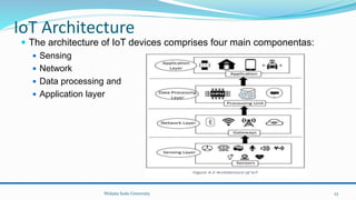 IoT Architecture
 The architecture of IoT devices comprises four main componentas:
 Sensing
 Network
 Data processing and
 Application layer
Wolaita Sodo University 23
 