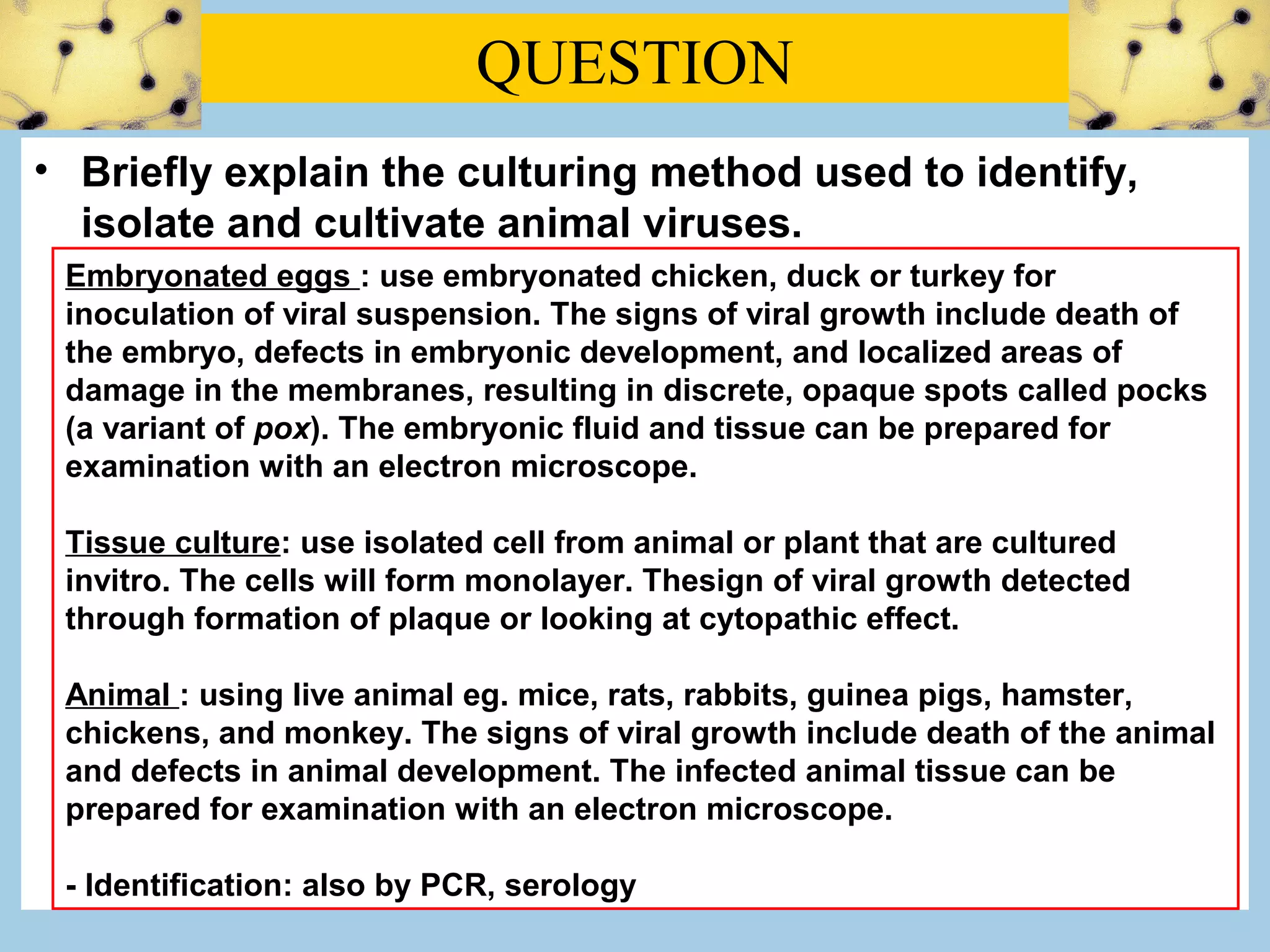 QUESTION
• Briefly explain the culturing method used to identify,
  isolate and cultivate animal viruses.
 Embryonated eggs : use embryonated chicken, duck or turkey for
 inoculation of viral suspension. The signs of viral growth include death of
 the embryo, defects in embryonic development, and localized areas of
 damage in the membranes, resulting in discrete, opaque spots called pocks
 (a variant of pox). The embryonic fluid and tissue can be prepared for
 examination with an electron microscope.

 Tissue culture: use isolated cell from animal or plant that are cultured
 invitro. The cells will form monolayer. Thesign of viral growth detected
 through formation of plaque or looking at cytopathic effect.

 Animal : using live animal eg. mice, rats, rabbits, guinea pigs, hamster,
 chickens, and monkey. The signs of viral growth include death of the animal
 and defects in animal development. The infected animal tissue can be
 prepared for examination with an electron microscope.

 - Identification: also by PCR, serology
 